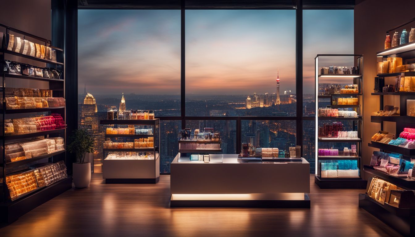 An illuminated display of branded products against a vibrant cityscape backdrop, without any humans.