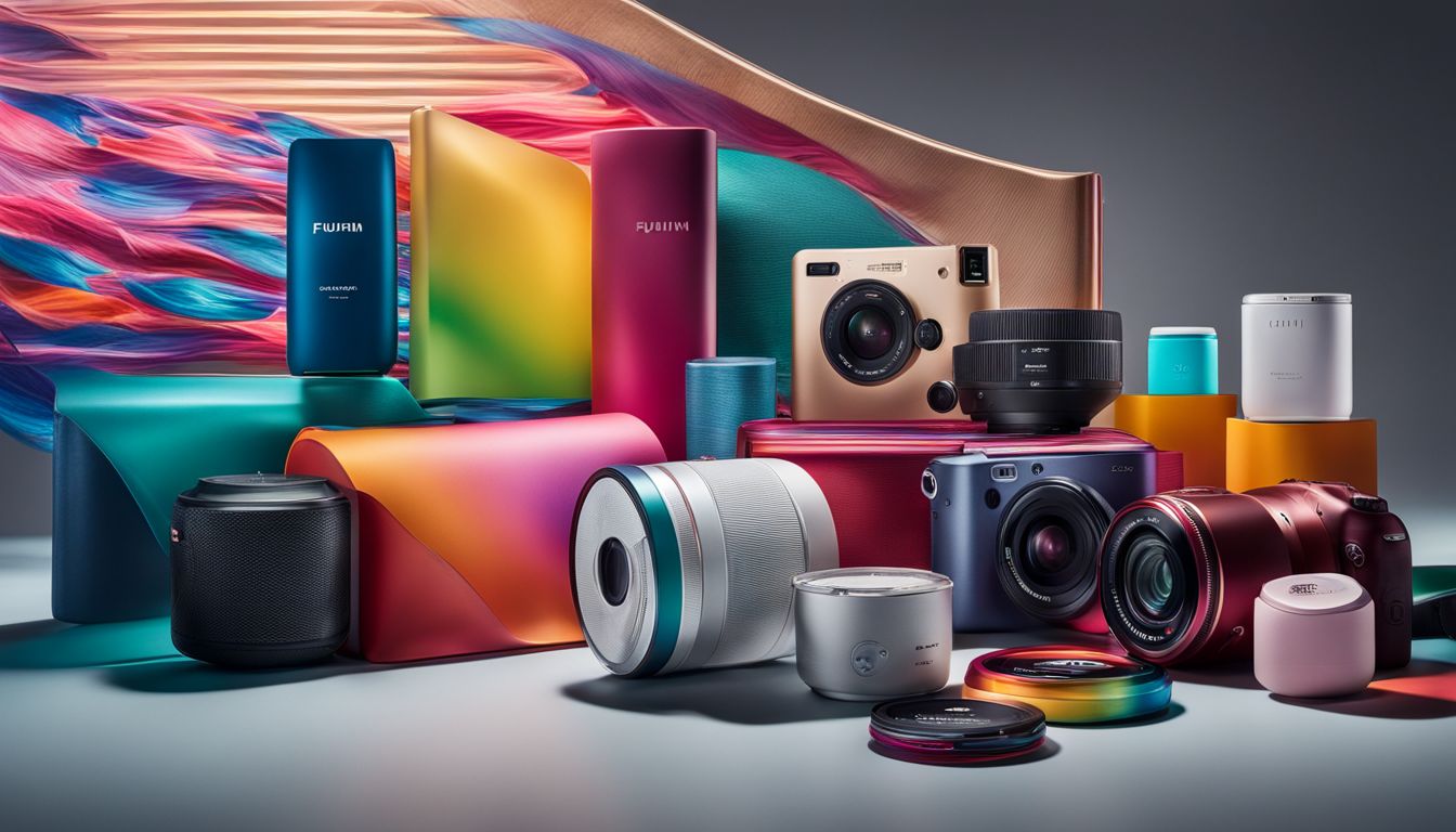 A collection of branded products arranged neatly in a colorful backdrop, captured in high-definition clarity.