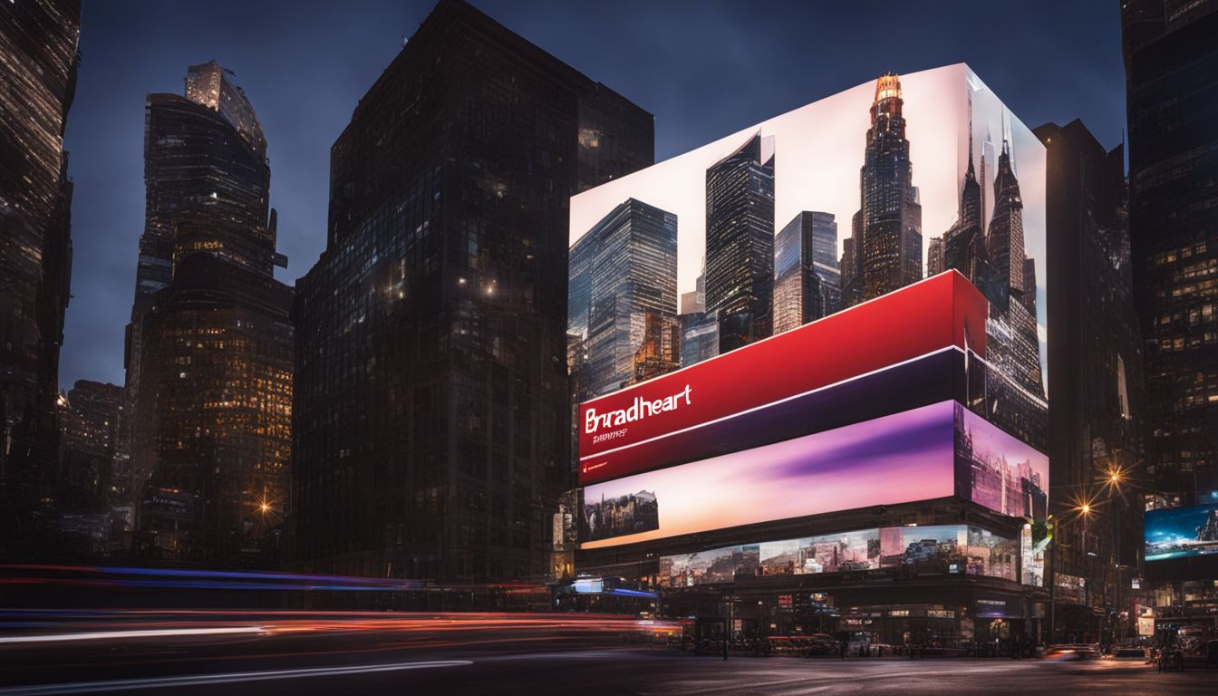 A digital billboard featuring BrandHeart Marketing's logo in a busy urban setting at night.