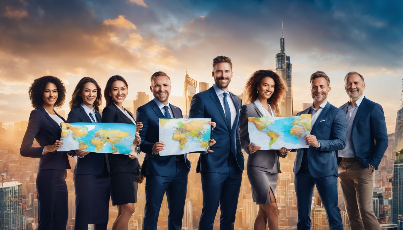 A diverse group of businessmen and women hold a world map.
