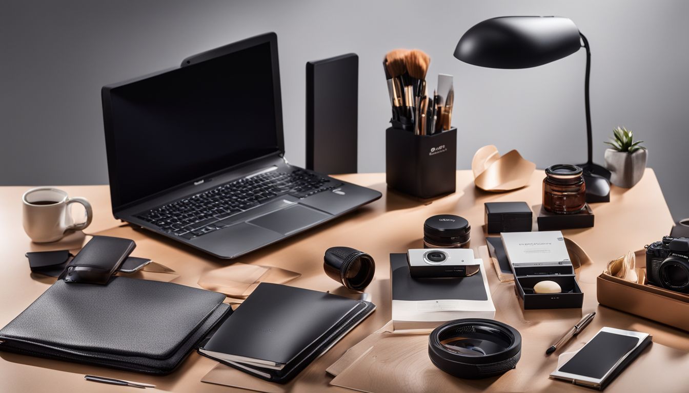 A photo showcasing an artistic arrangement of office supplies on a sleek desk, promoting B2B products through still life photography.
