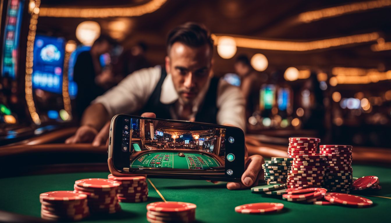 En person håller en smartphone med en casinospelapp omgiven av spelmarker och en roulettehjul.