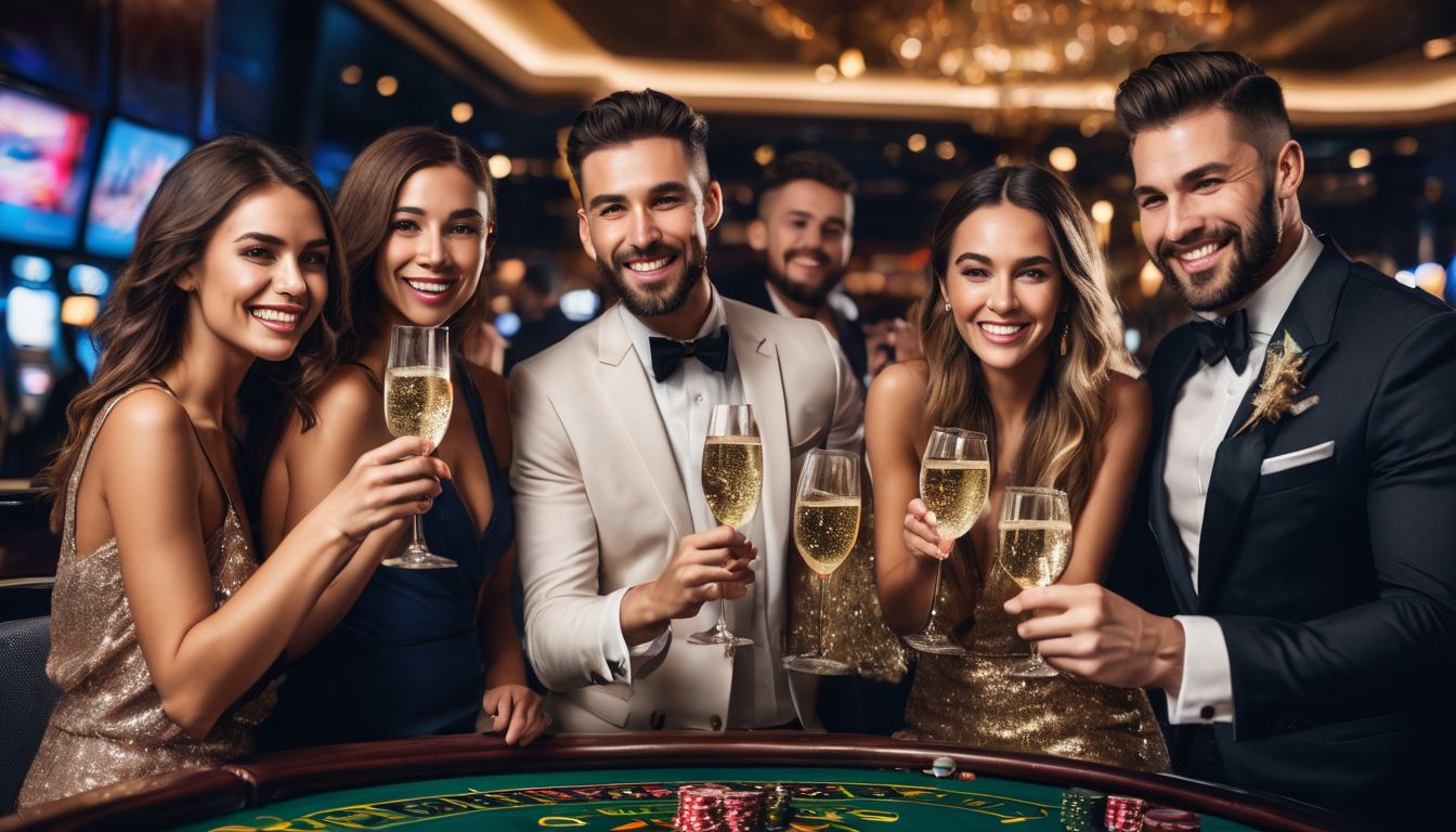 Grupp vänner firar med champagne på lyxigt kasino.