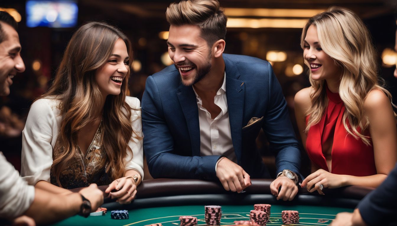 En grupp vänner spelar och skrattar på ett modernt casino.