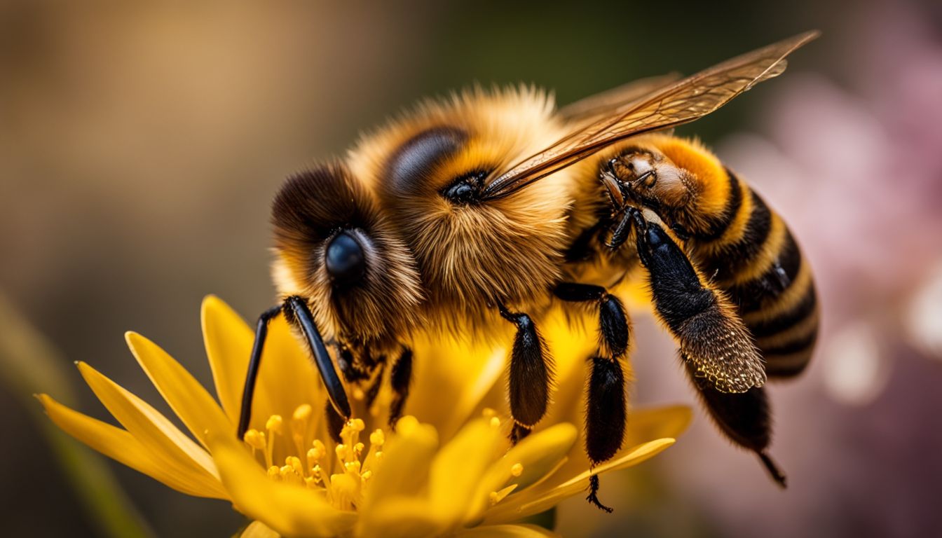 A close-up photograph of a bee collecting nectar from a vibrant yellow flower, showcasing nature's beauty.