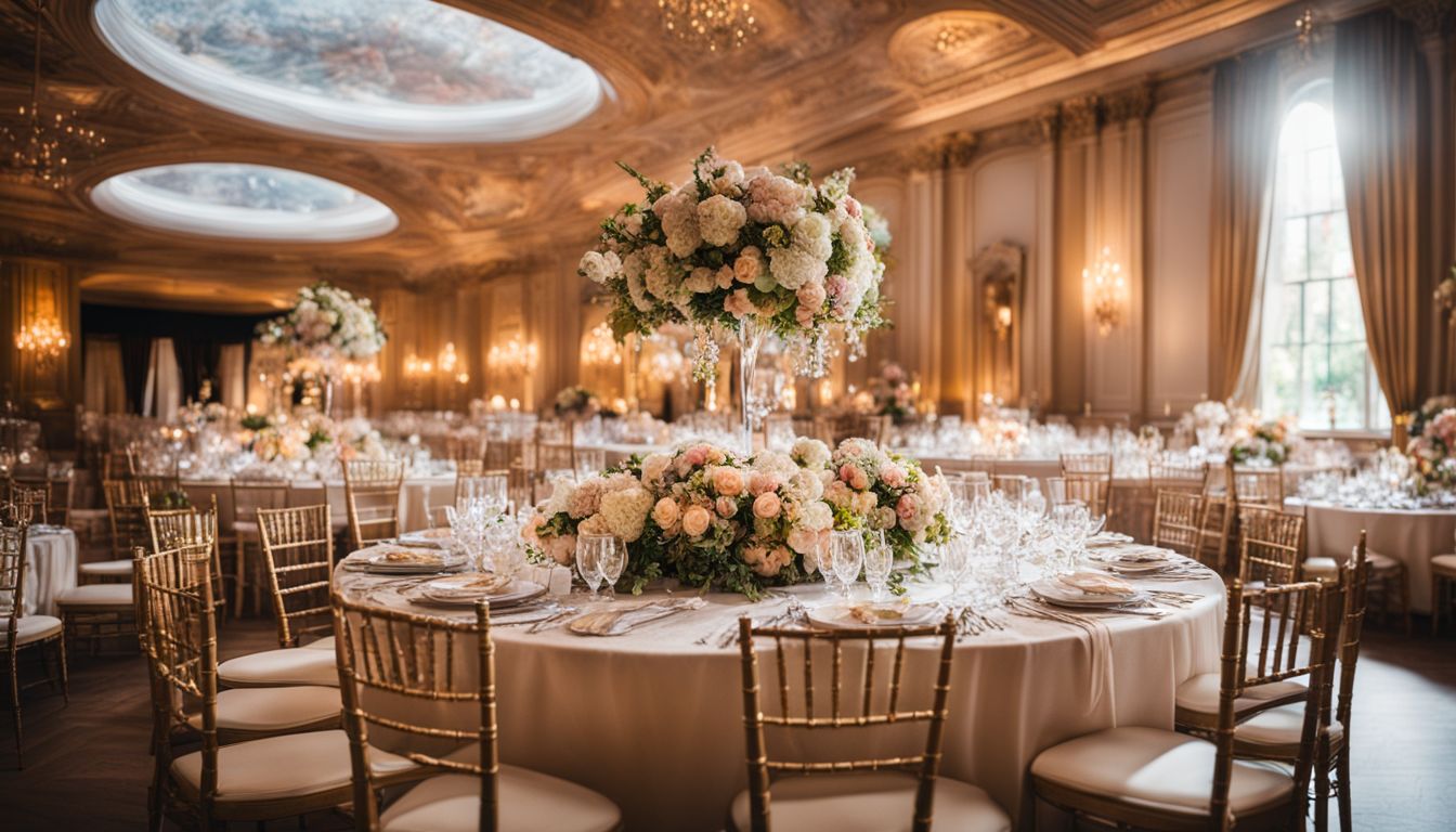 An elegant event setup with beautiful floral arrangements and exquisite table settings.