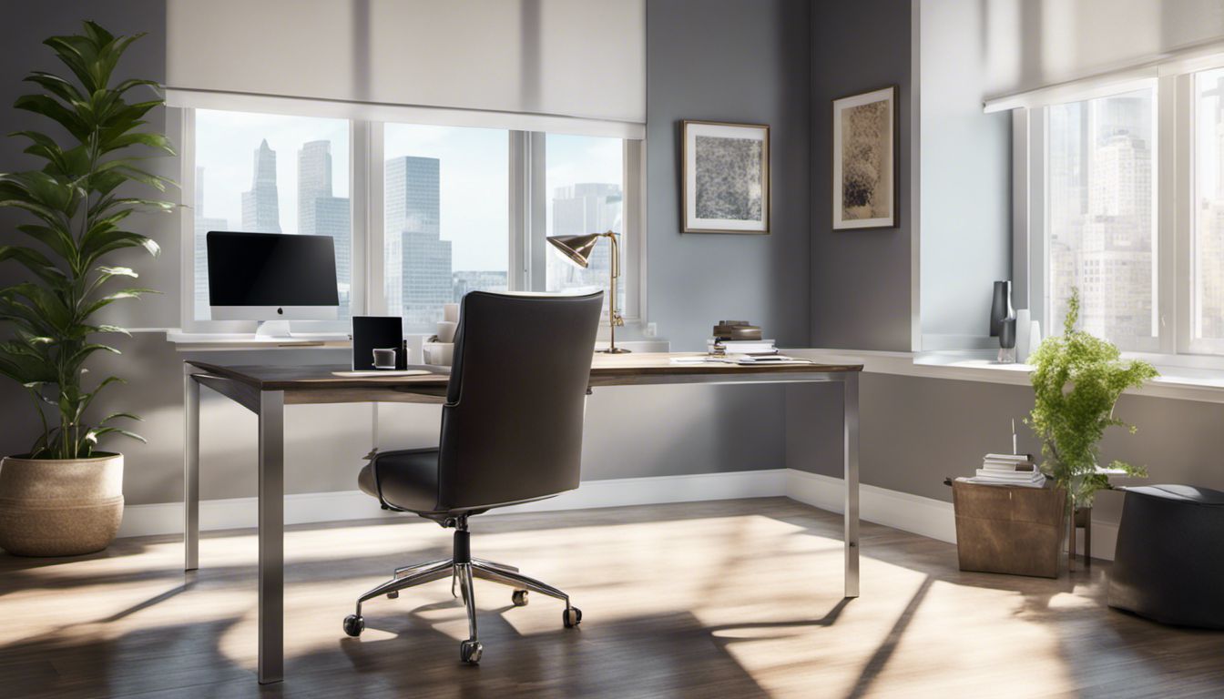 A minimalist and stylish office space with modern furniture and chic office supplies, emphasizing clean lines and natural light.