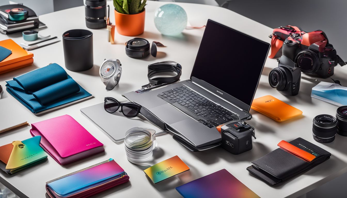 A vibrant collection of promotional products displayed on a sleek table, photographed professionally for various companies.