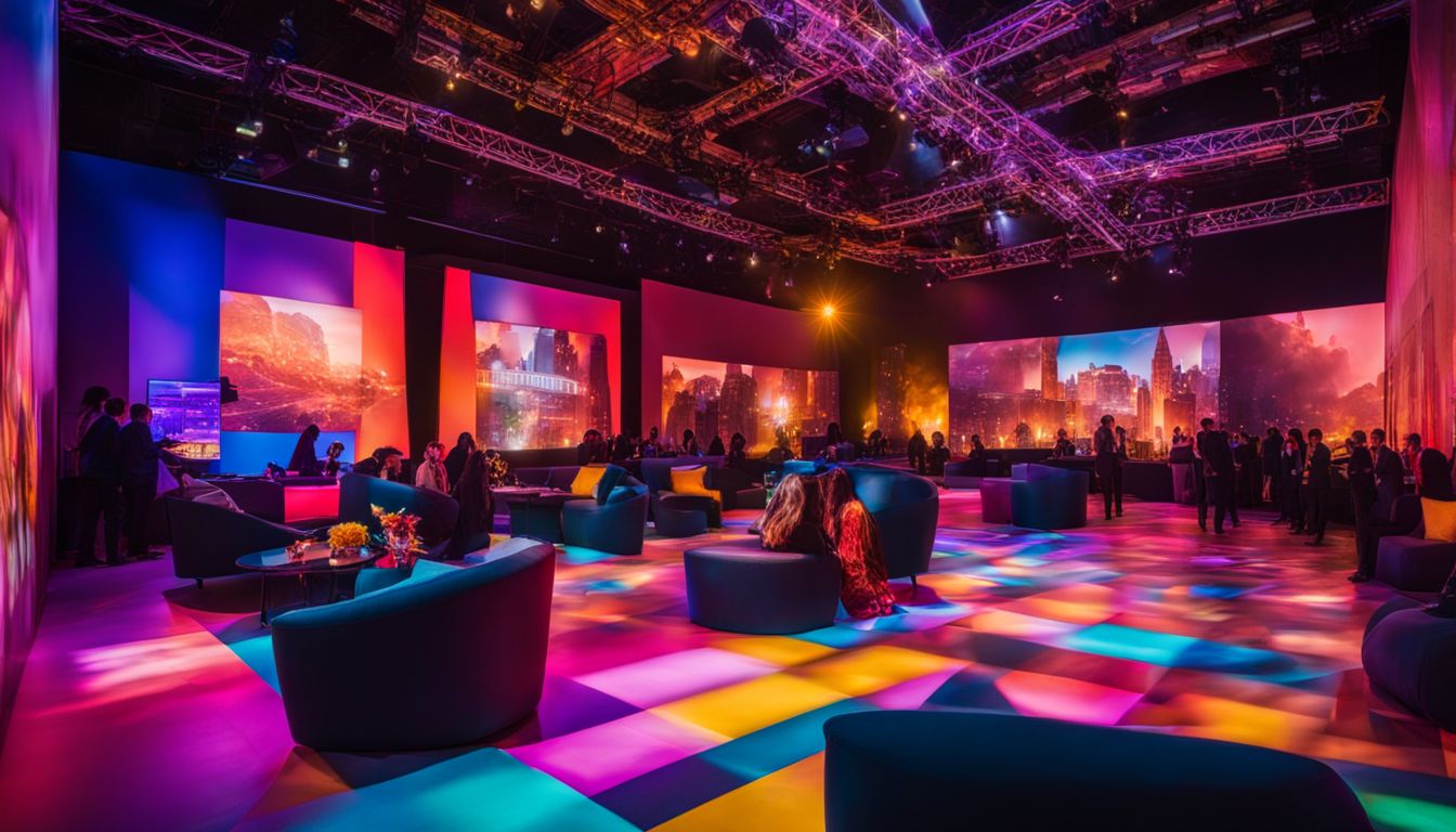 A vibrant event space showcasing interactive technology and immersive experiences, bustling with diverse individuals and a bustling atmosphere.