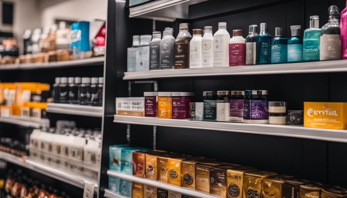 A display of diverse branded products on a store shelf, captured in high-quality detail with a professional camera.