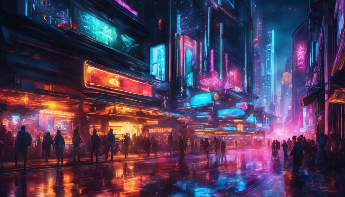 A dynamic and vibrant futuristic cityscape at night, illuminated by mesmerizing neon lights and bustling with energy.