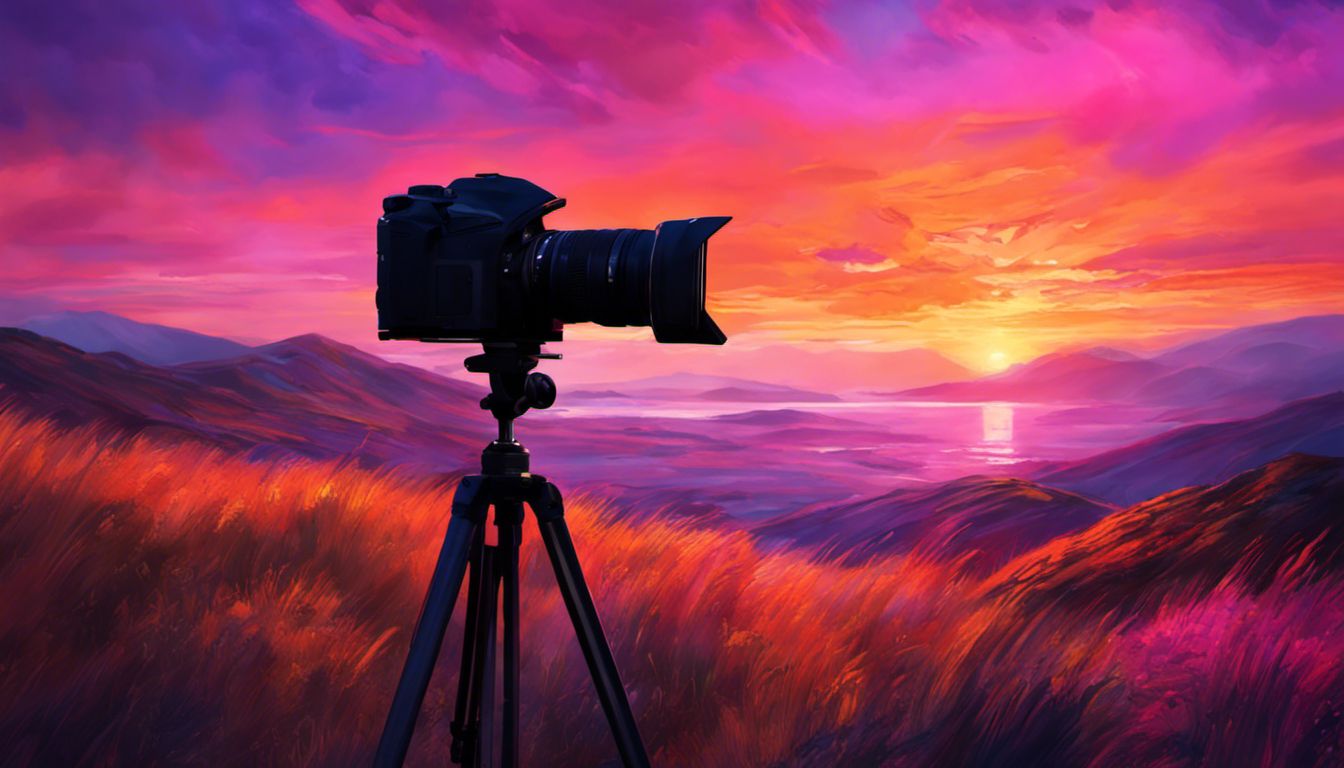 A film camera captures a stunning sunset landscape, displaying vibrant hues and detailed textures.