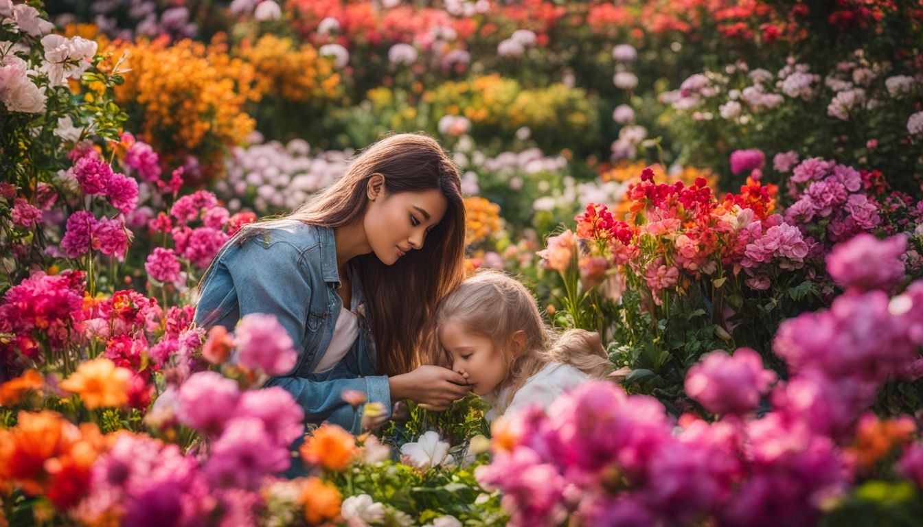 A vibrant flower garden filled with colorful blossoms, showcasing diverse hairstyles, outfits, and faces.
