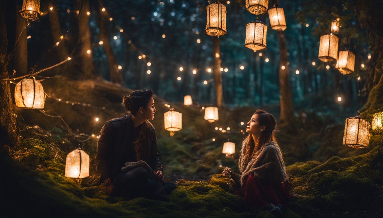 A captivating photo of a magical forest adorned with twinkling lights and lanterns, showcasing nature's beauty.