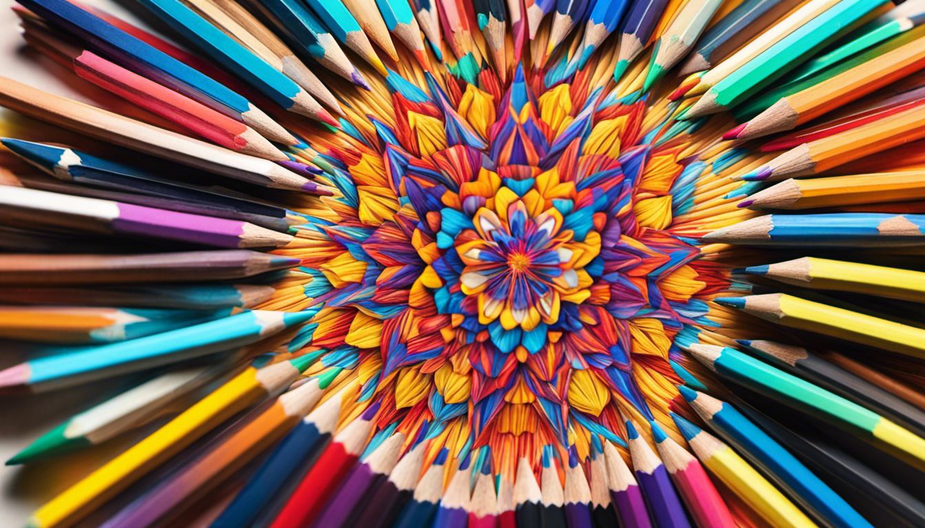 A mesmerizing kaleidoscope pattern of vibrant colored pencils representing creativity and imagination.