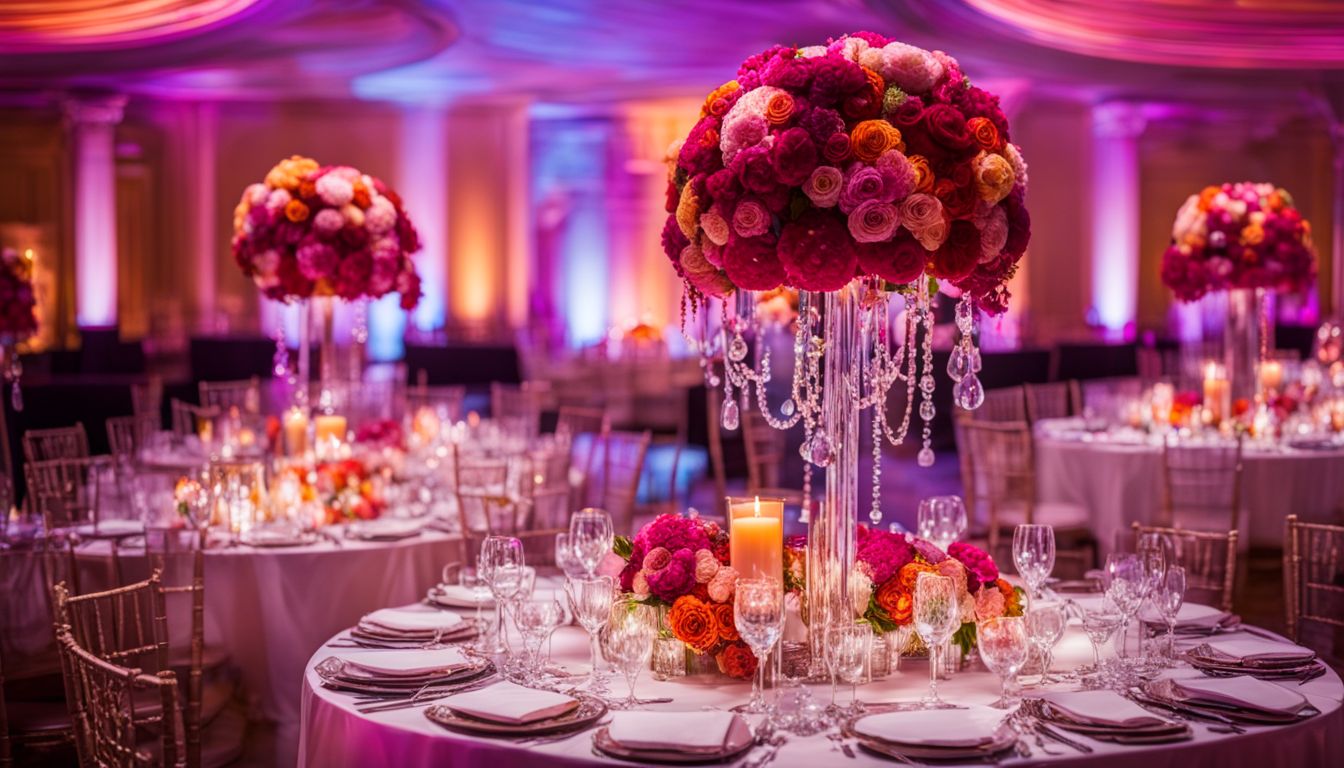 A vibrant and detailed centrepiece arrangement at an elegant event venue, captured with precision and clarity.