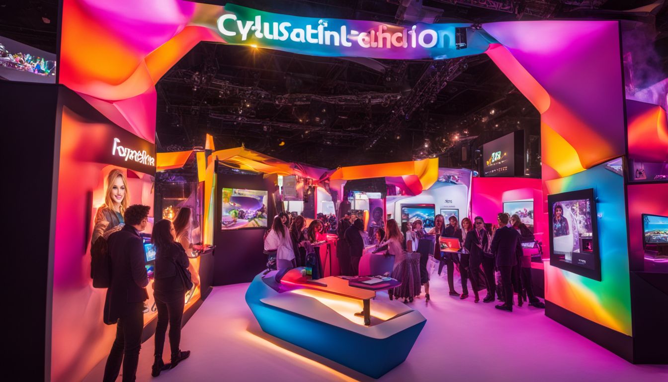 A colourful and vibrant brand activation booth with branded props and a bustling atmosphere.