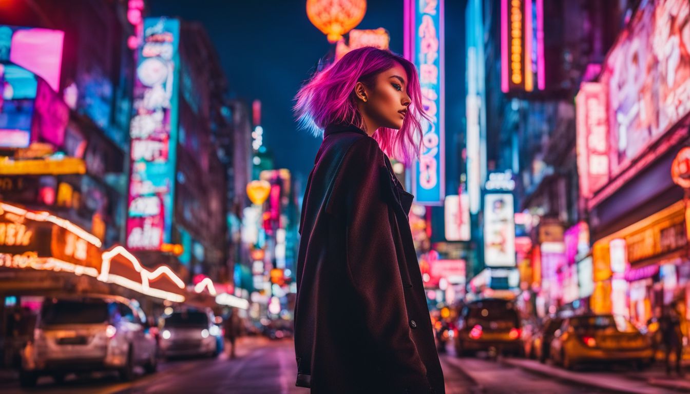 A vibrant cityscape filled with diverse architecture, bustling atmosphere, and illuminated by neon lights.