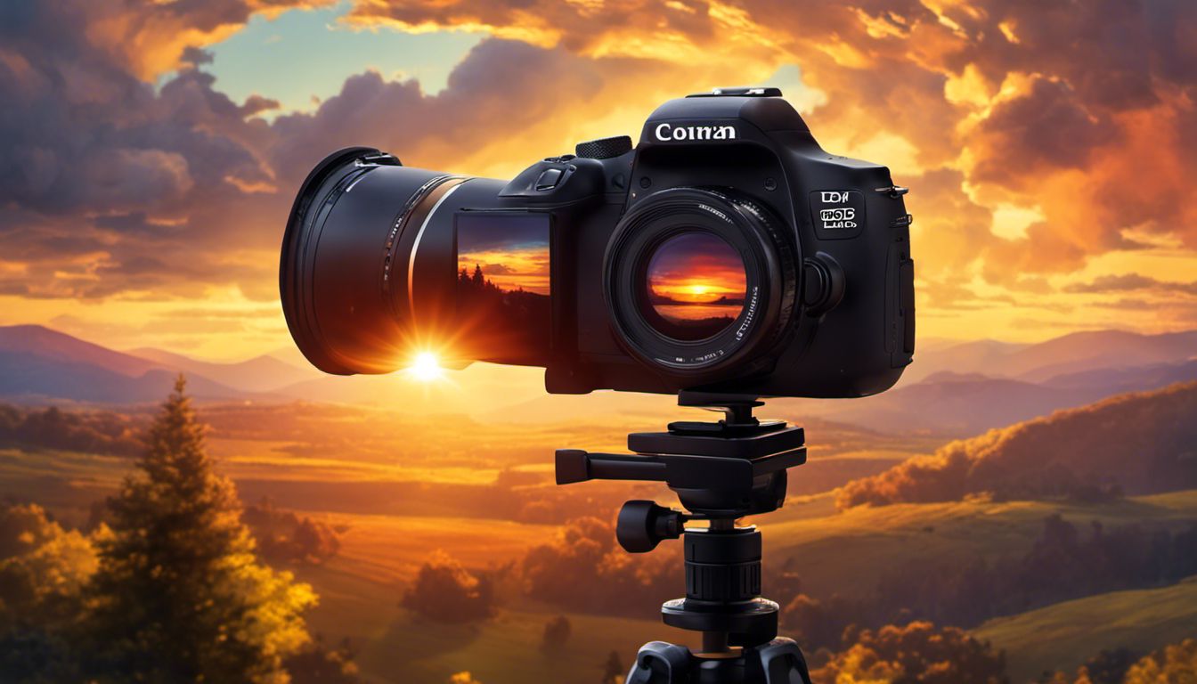 A camera on a tripod captures the vibrant colors of a sunset, creating a sense of anticipation and creativity.