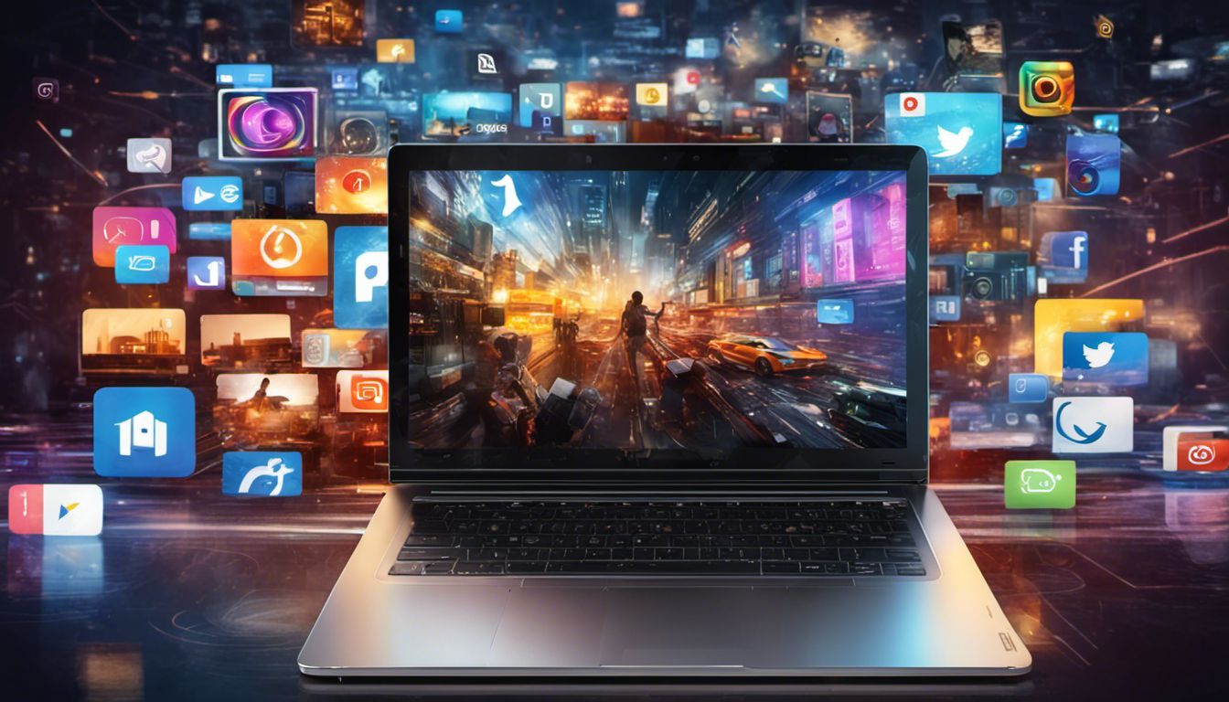 A laptop displaying various video distribution platforms, social media icons, and website thumbnails, emphasizing modern technology without human presence.