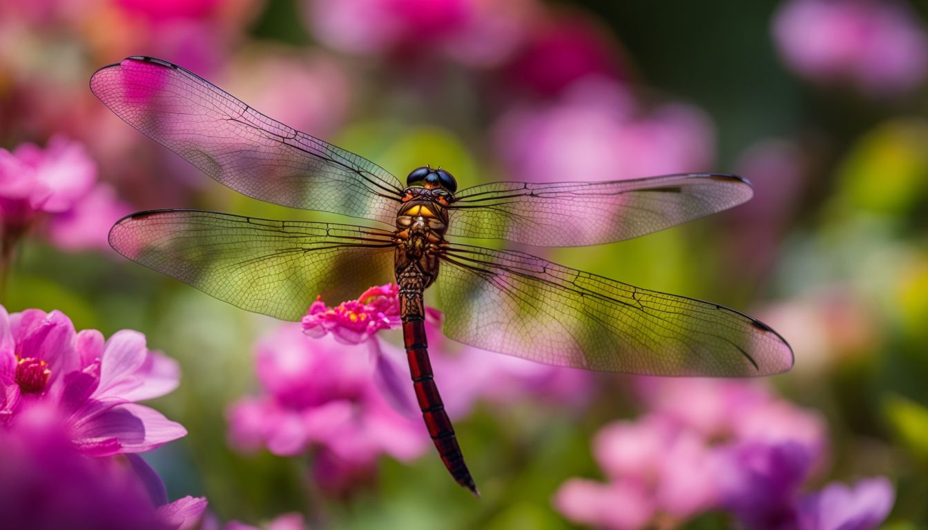 A vibrant photo of a dragonfly in flight against a backdrop of flowers and foliage.