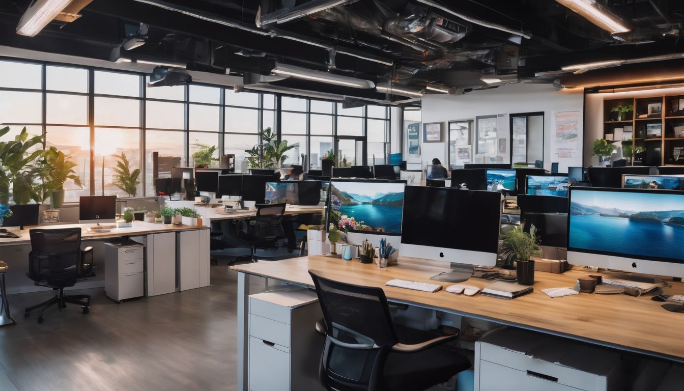 A vibrant and energetic modern office space filled with motivational posters and bustling employees.