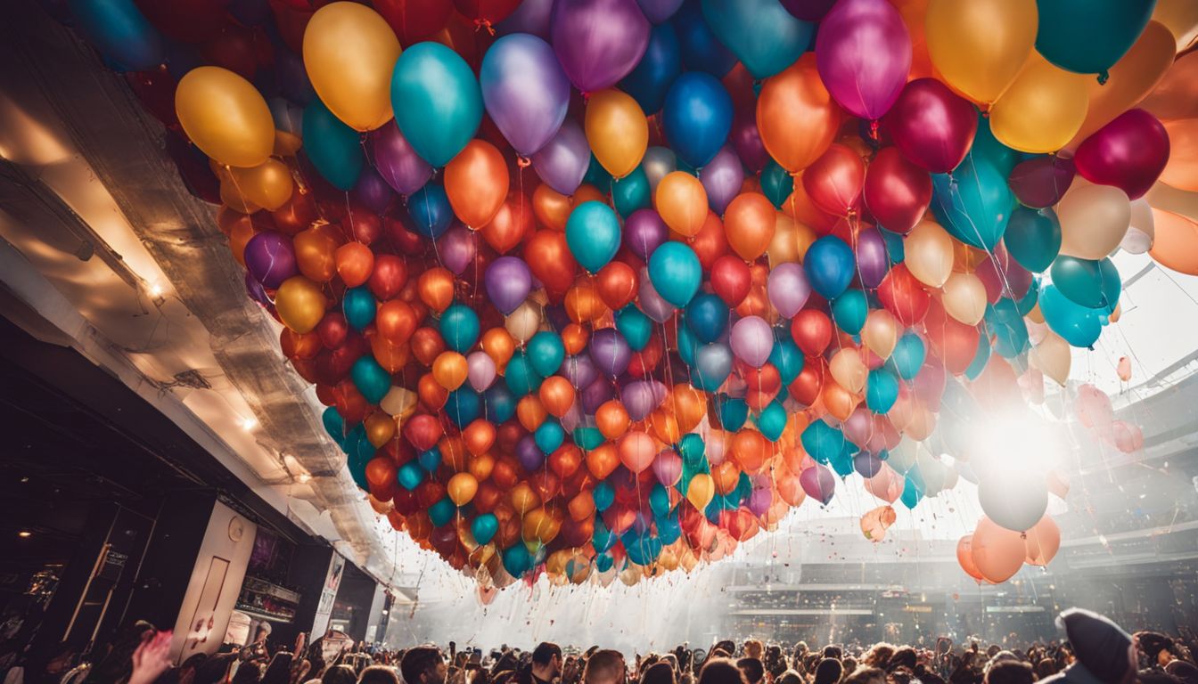 A vibrant, bustling event venue filled with branded balloons floating above a diverse crowd.