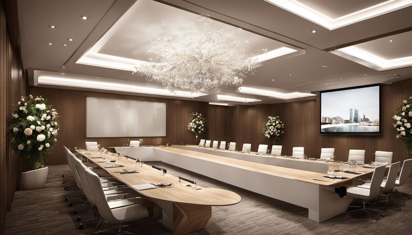 A well-equipped conference room with a sophisticated event setup and elegant floral decorations, creating a professional ambiance.