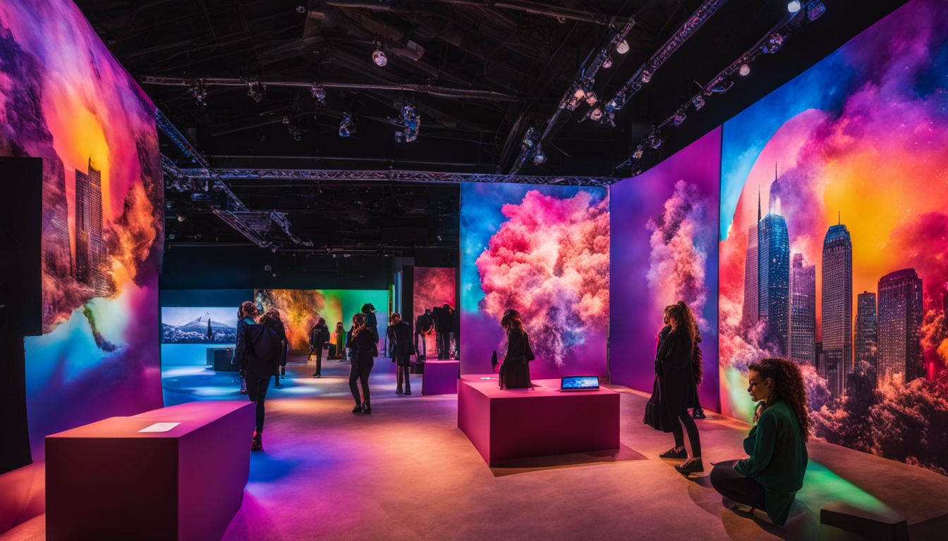 An immersive pop-up installation with vibrant colors and interactive elements, featuring a bustling cityscape with various faces, hairstyles, and outfits.