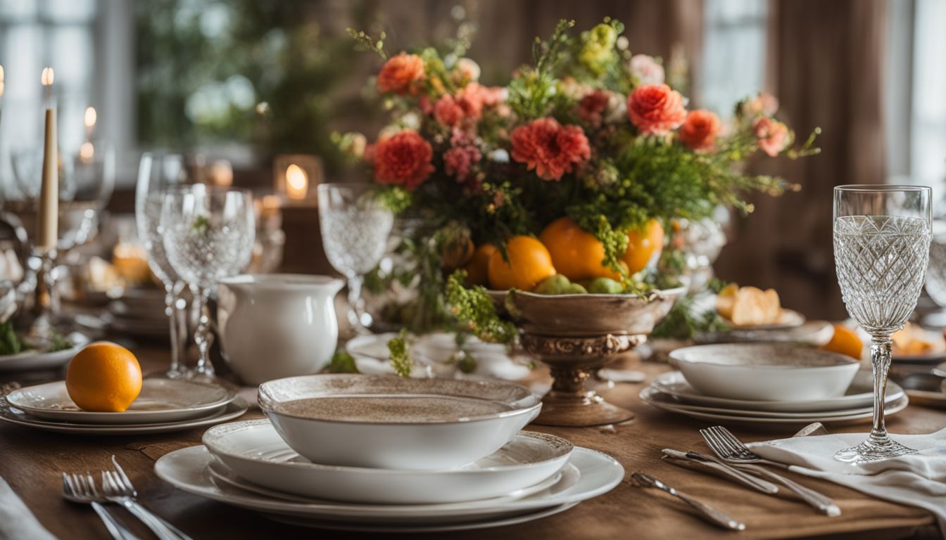 A beautifully arranged table setting with elegant dinnerware captured in a clear and vibrant photograph.