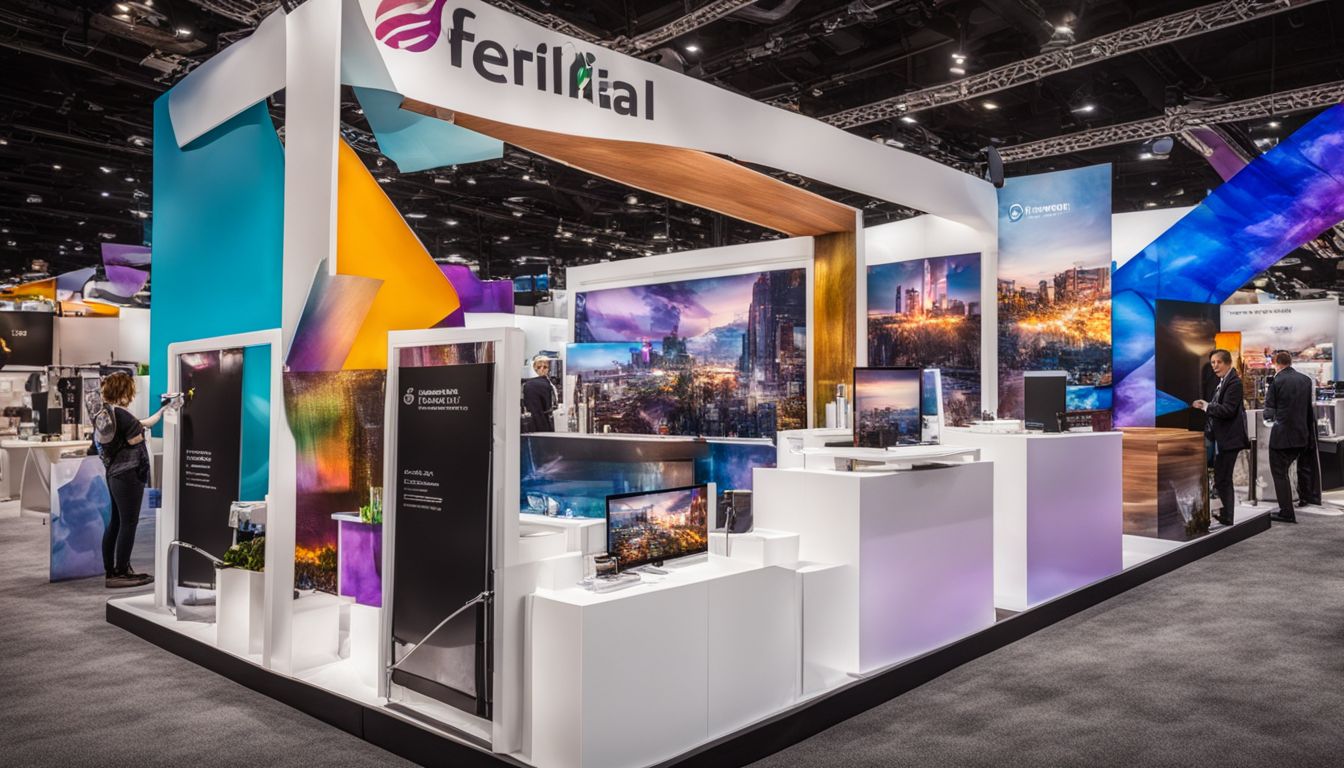 A vibrant trade show booth with colorful banners and product displays in a bustling atmosphere.