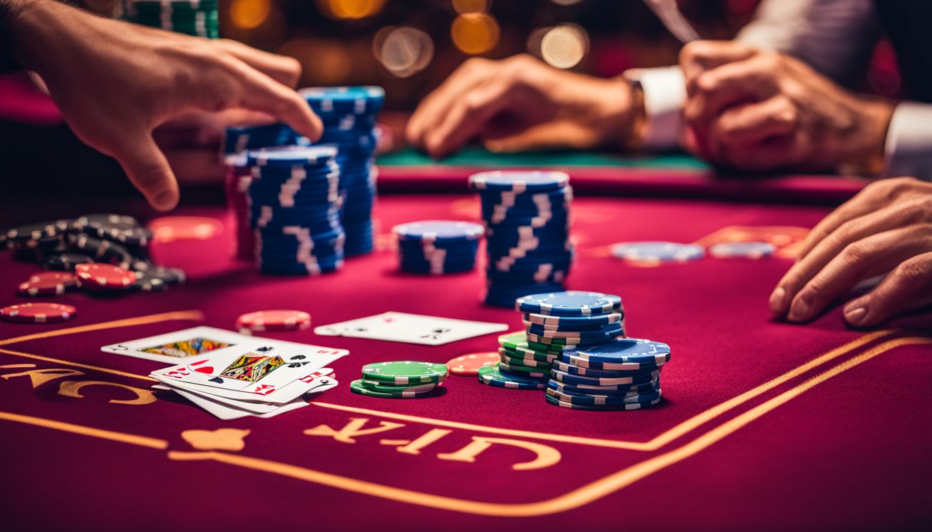 En färgstark casinomiljö med spelmarker och spelkort.