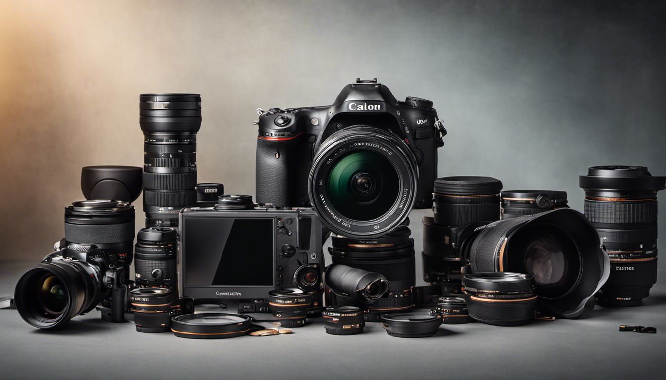 A professional camera with lenses and accessories arranged neatly, highlighting the precision of product photography.