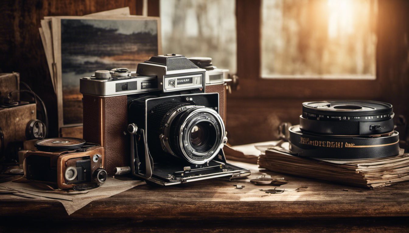 A vintage film camera, editing equipment, and old photographs on a weathered wooden table evoke artistic exploration and nostalgia.