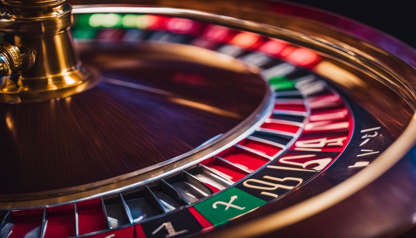 En närbild av ett roulettehjul med färgglada spelmarker på ett casino.