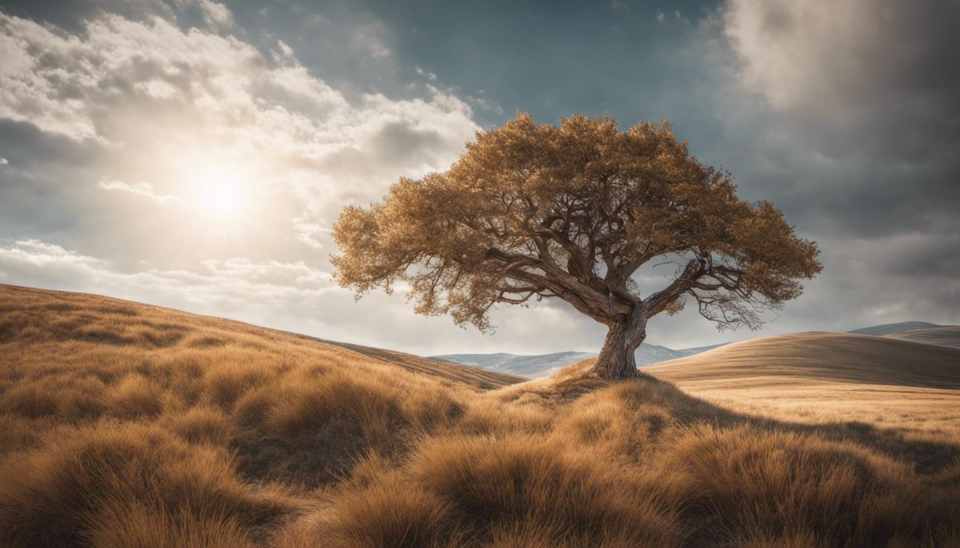 A solitary tree stands resilient amidst powerful winds, surrounded by rolling hills and an expansive sky.