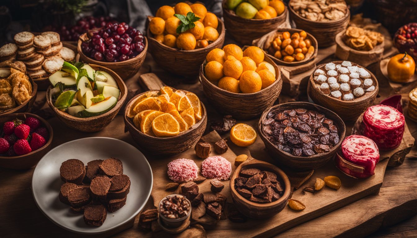 A variety of delicious treats arranged on a wooden table in a vibrant market.