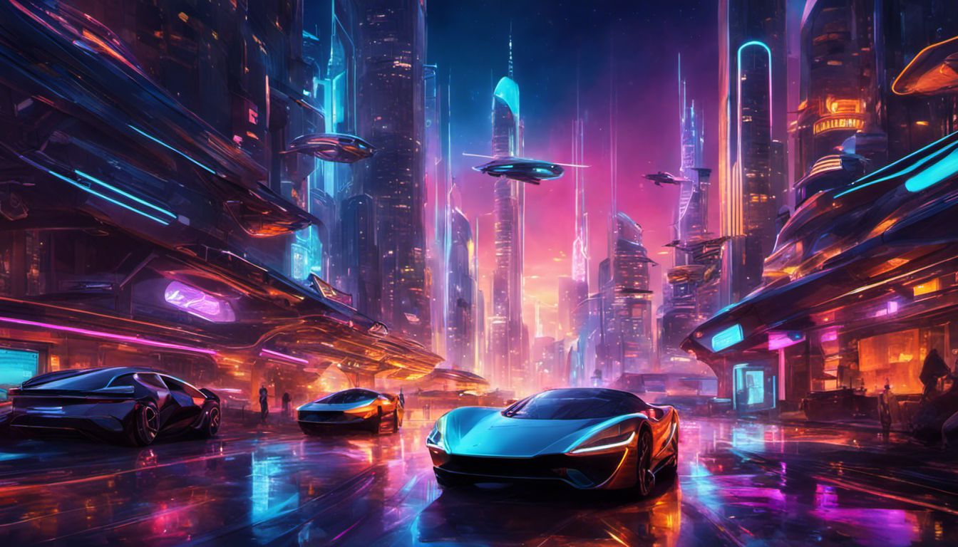 A dynamic, futuristic city skyline at night with colorful, glowing reflections and fast-moving flying cars.