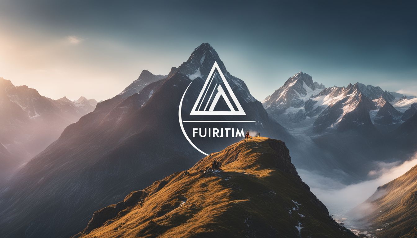 A stunning mountain landscape featuring a brand logo, showcasing different styles and outfits, with a vibrant and bustling atmosphere.
