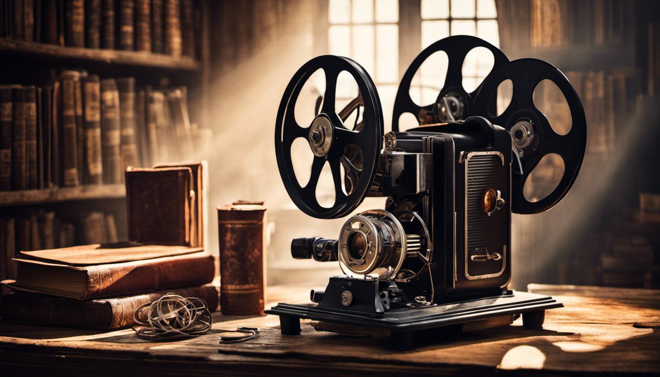 A vintage film projector creates a nostalgic and mysterious atmosphere with old books and photographs.