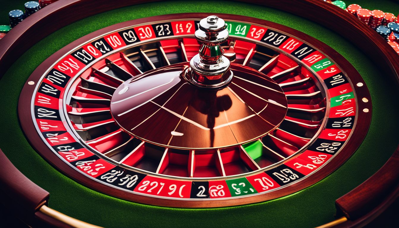 En bild av ett roulettehjul och casinomarker på ett grönt bord.