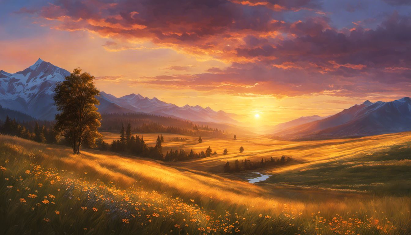 A stunning sunset illuminates a serene meadow of wildflowers and distant mountains, showcasing the beauty of untouched nature.