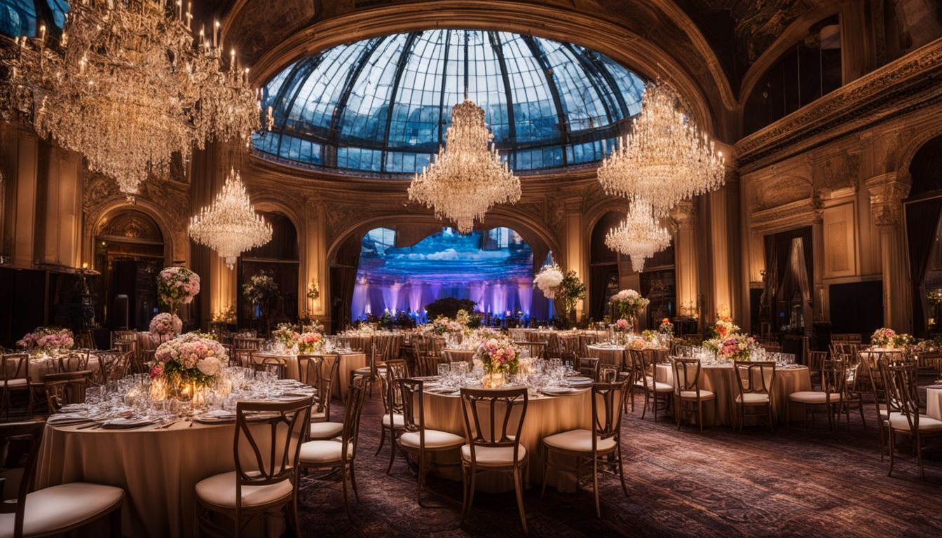 A beautifully decorated event venue with tables, chairs, and a bustling atmosphere captured in a crystal clear photograph.