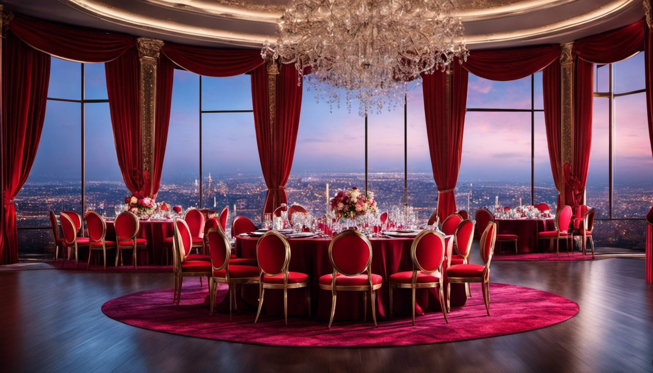 A stunningly adorned event venue exuding grandeur and opulence, with vibrant colors and a captivating cityscape photograph as the focal point.