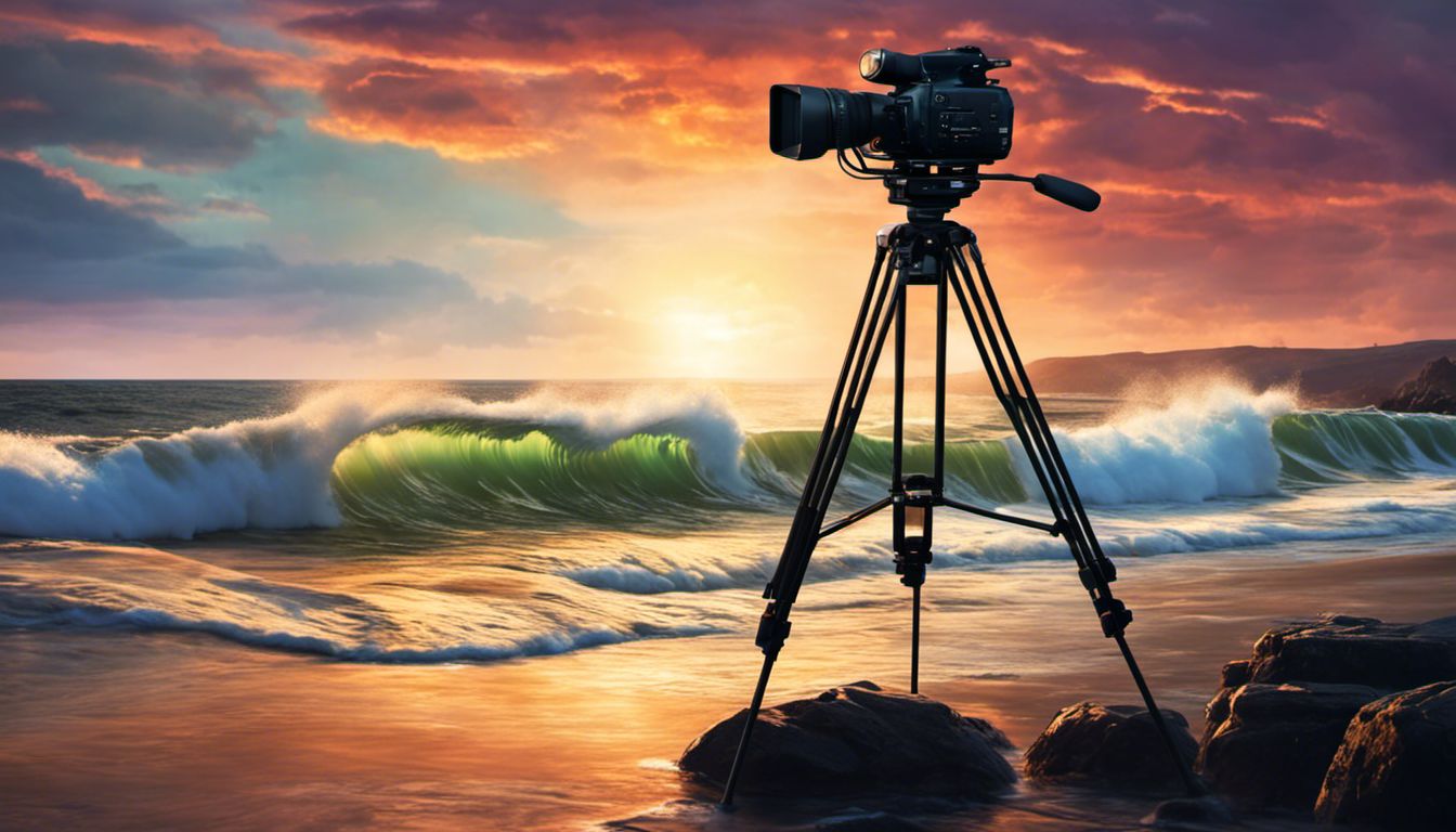 A video camera captures a stunning seascape photography with crashing waves and vibrant colors.