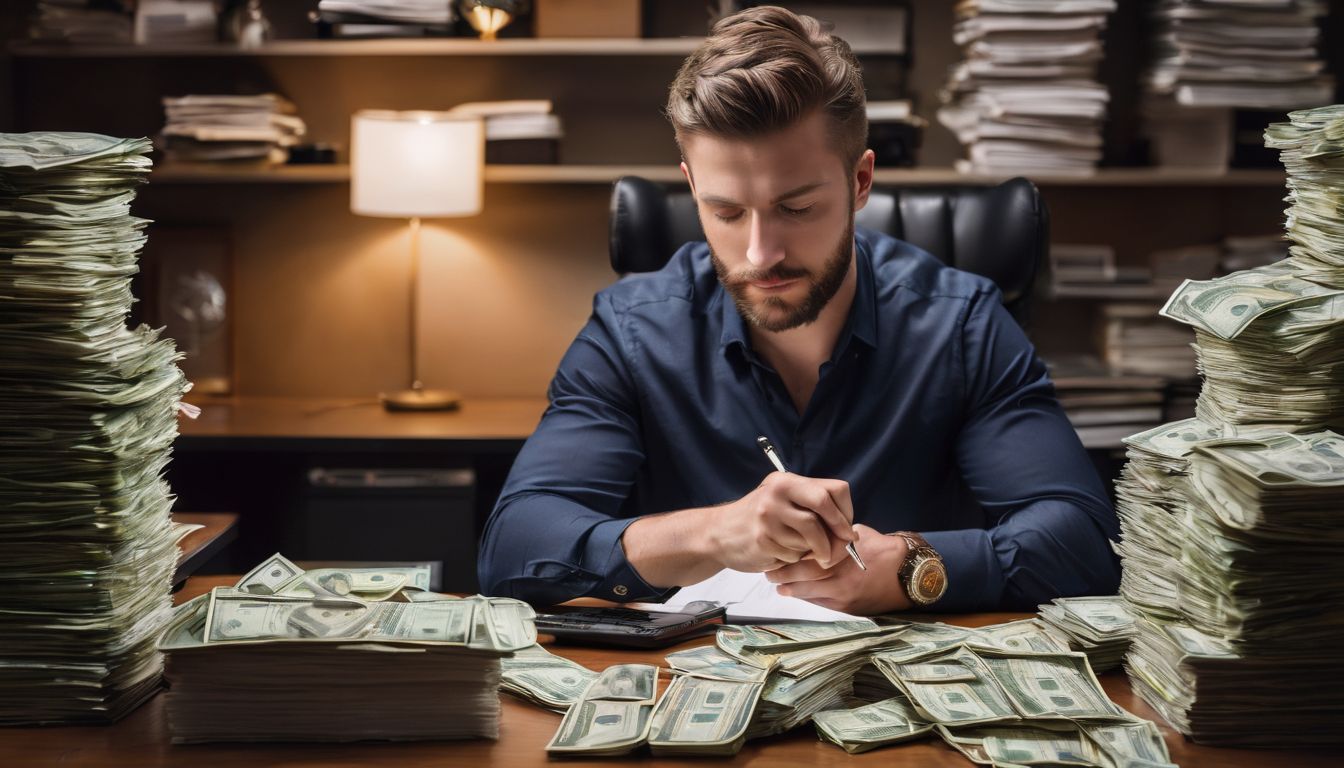 En person arbetar omgiven av pengar och skatteformulär på en skrivbord.