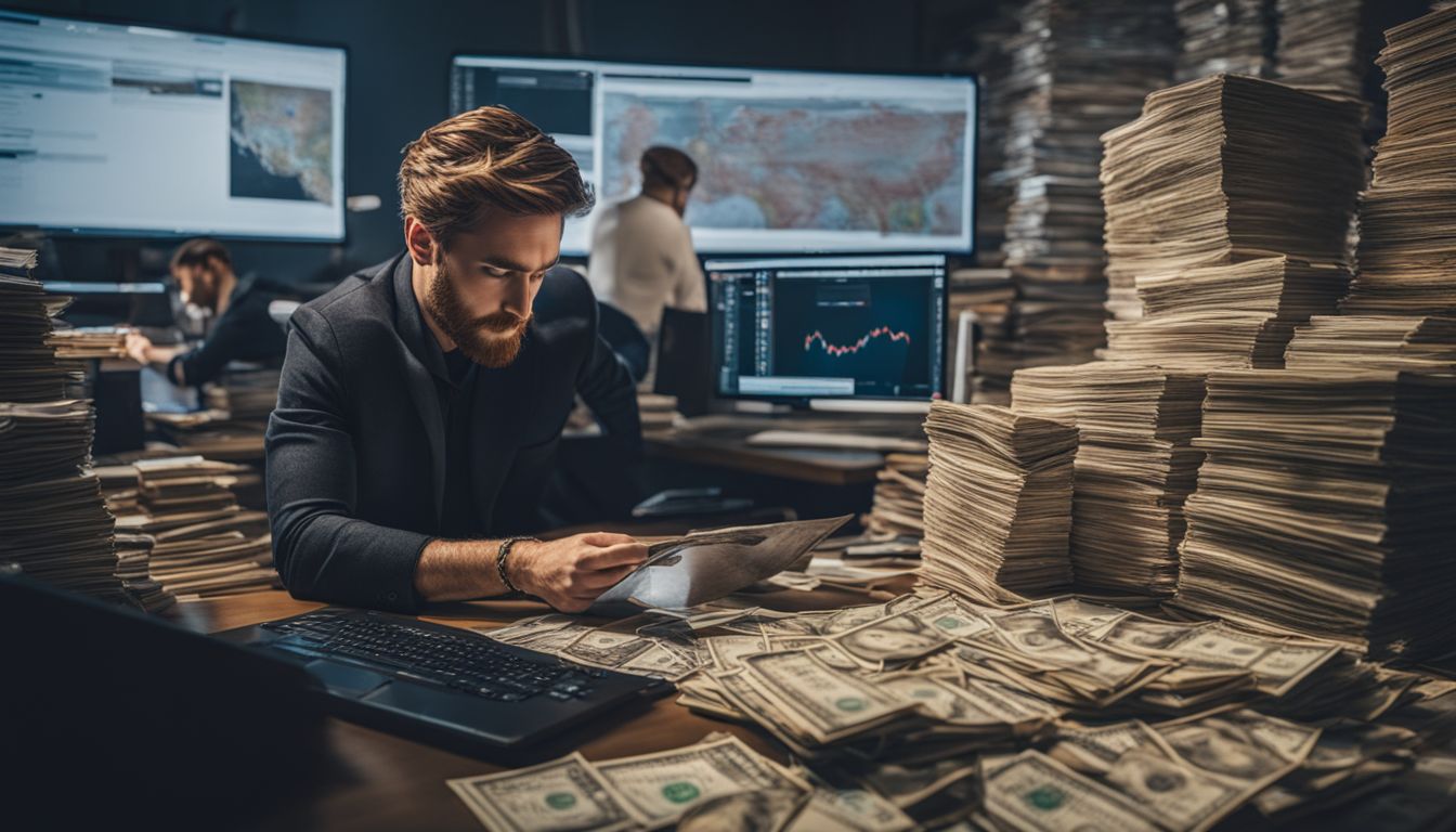 En person sitter vid en dator med pengar och en världskarta framför sig.