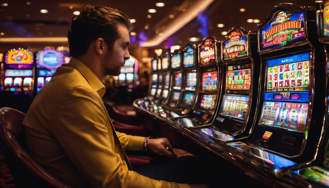 En person omgiven av casinomarker och en vinnande spelautomat.