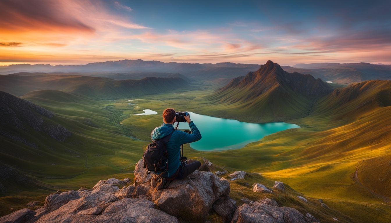 A professional photographer capturing vibrant landscape scenes without human subjects using high-quality equipment.