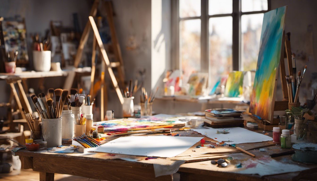 A busy artist's studio with a blank canvas, art supplies, and books open for inspiration.